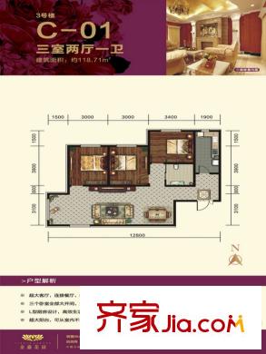 有色金鑫花園二期C-01三室兩廳一衛(wèi)一廚118.71平 3室2廳1衛(wèi)1廚