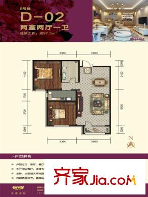 有色金鑫花園二期D-02戶型兩室兩廳一衛(wèi)一廚97.5平 2室2廳1衛(wèi)1廚