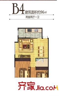 百合世紀城B4戶型兩室兩廳一衛(wèi)96平方米 2室2廳1衛(wèi)1廚