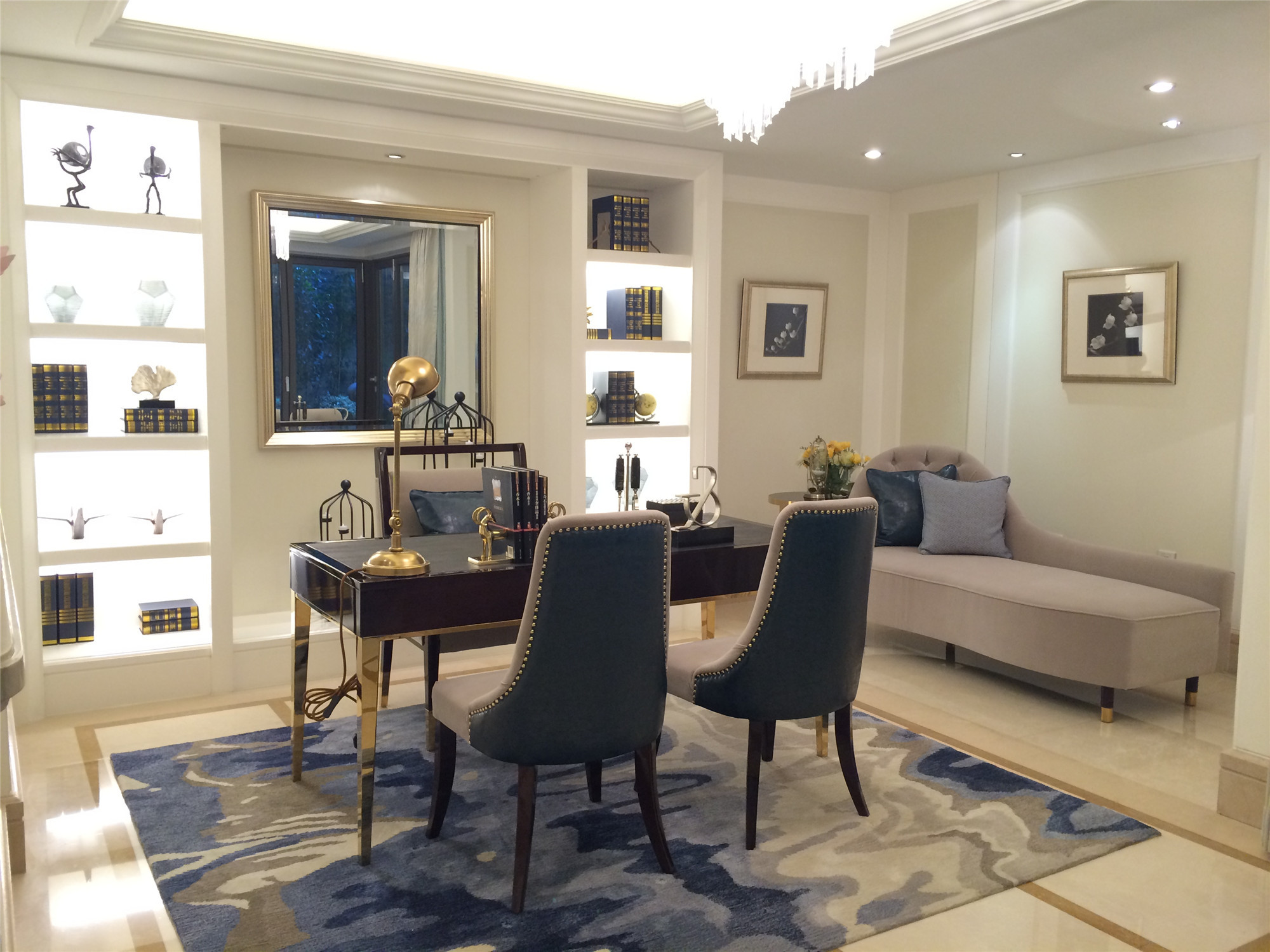 别墅装修,140平米以上装修,富裕型装修,书房,现代简约风格,书桌,椅子,蓝色