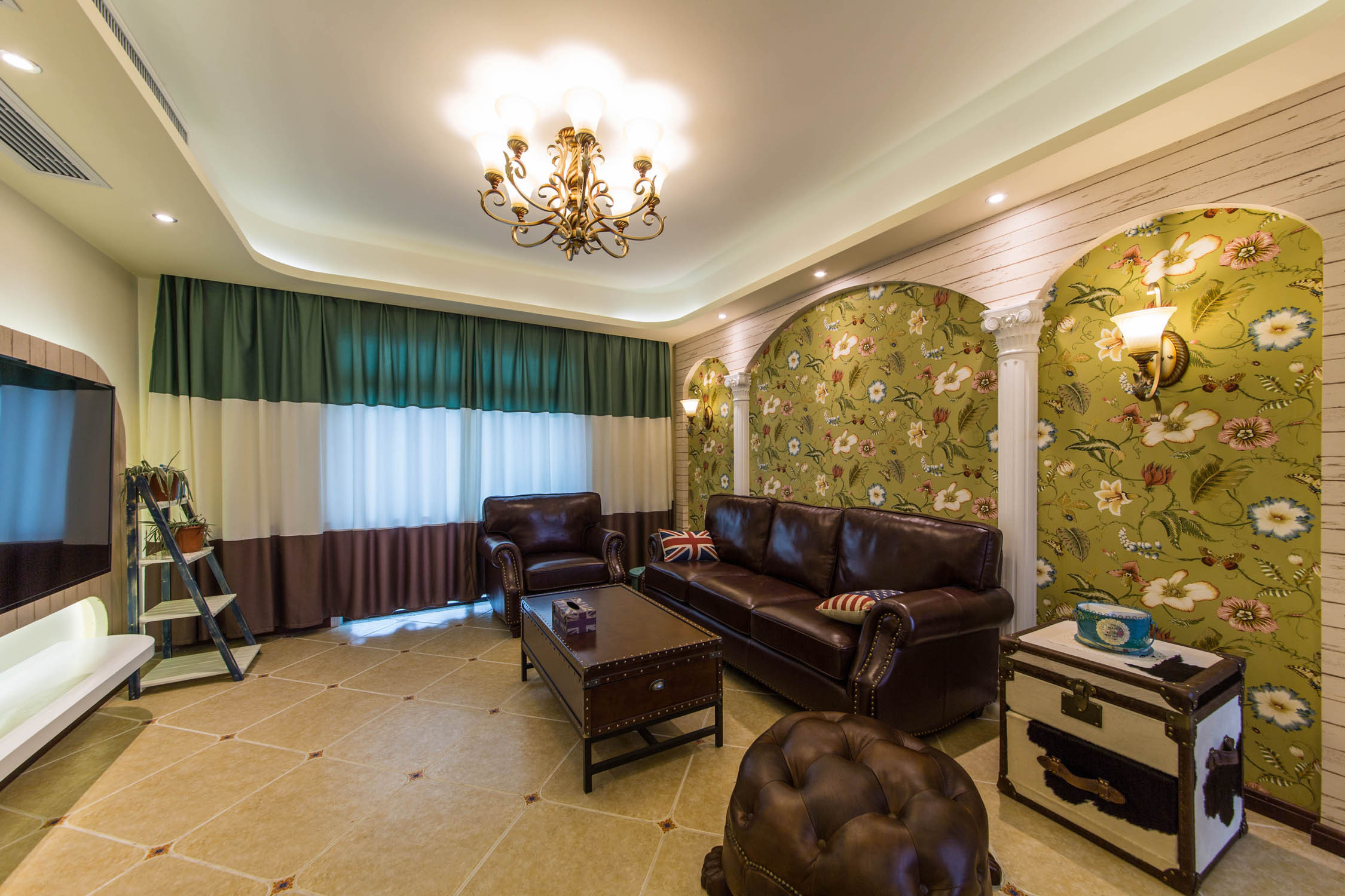 地中海风格,美式风格,20万以上装修,三居室装修,100平米装修,客厅,壁纸,沙发背景墙,绿色