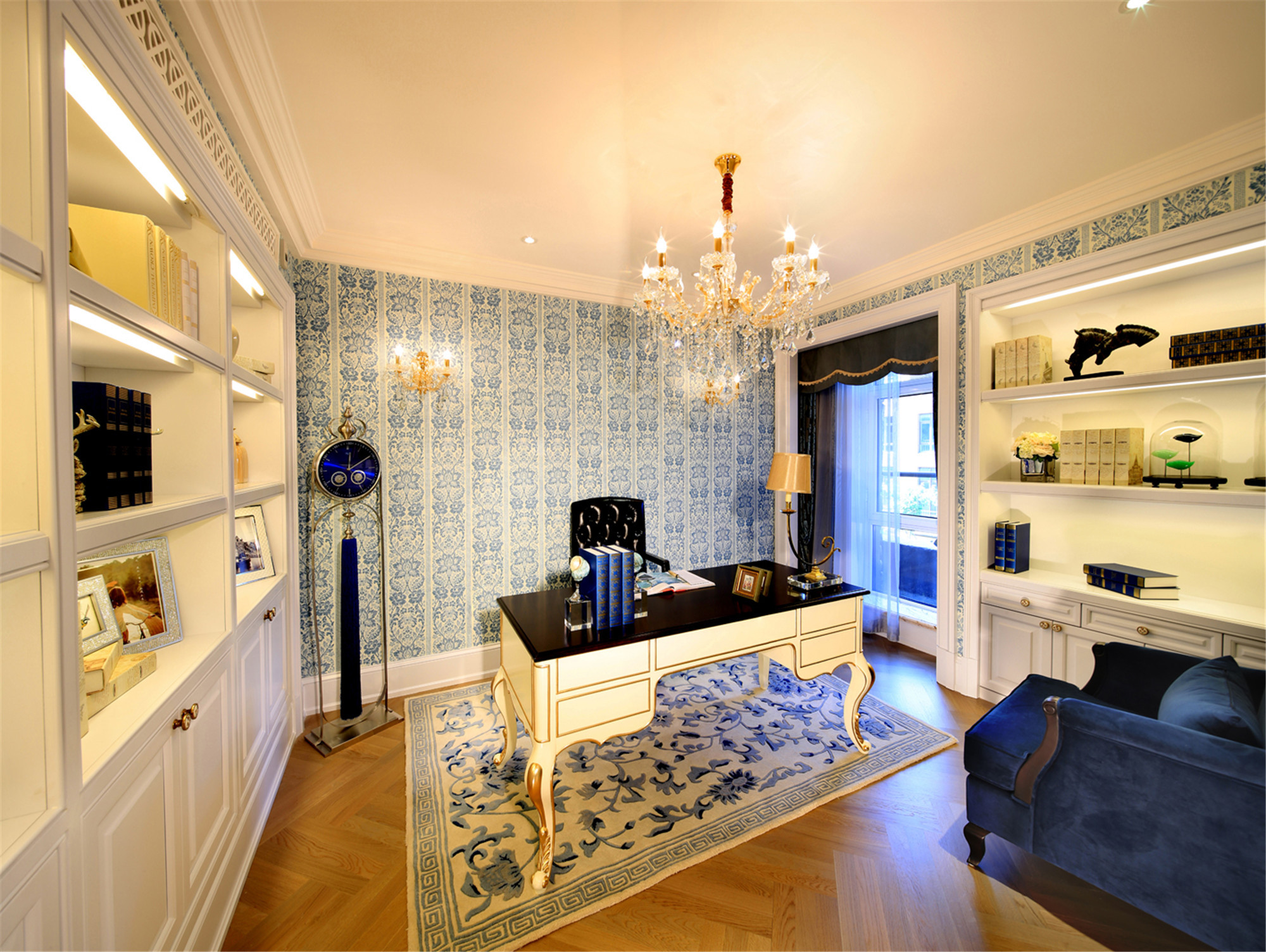 欧式风格,豪华型装修,别墅装修,140平米以上装修,书房,灯具,背景墙,白色,蓝色
