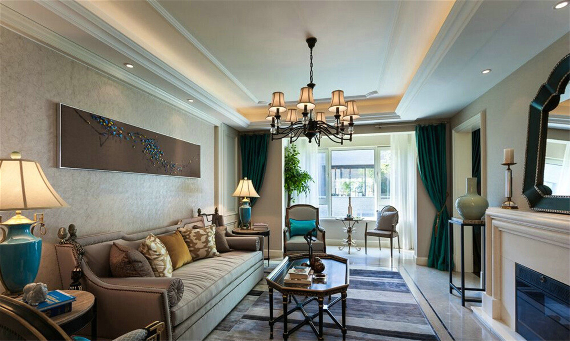 三居室装修,20万以上装修,130平米装修,客厅,简欧风格,沙发背景墙,沙发,米色