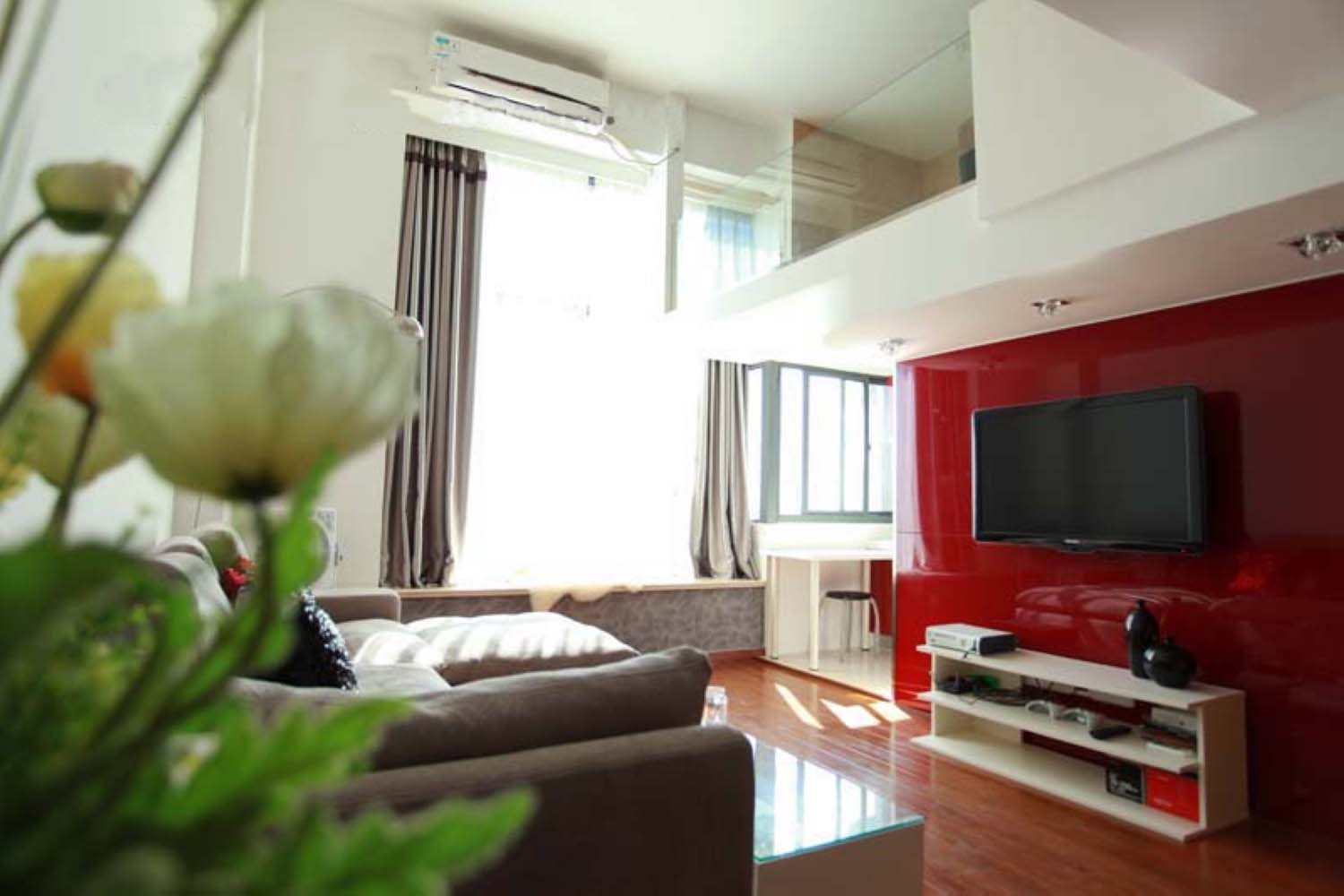简约风格,40平米装修,一居室装修,3万-5万装修,跃层装修,客厅,电视背景墙,红色