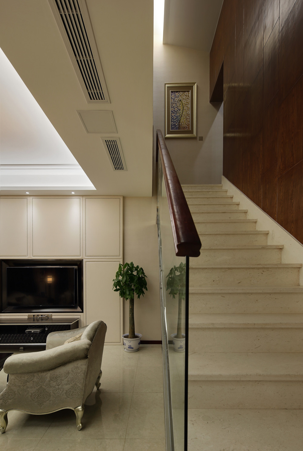 中式风格,140平米以上装修,20万以上装修,复式装修,客厅,楼梯,白色