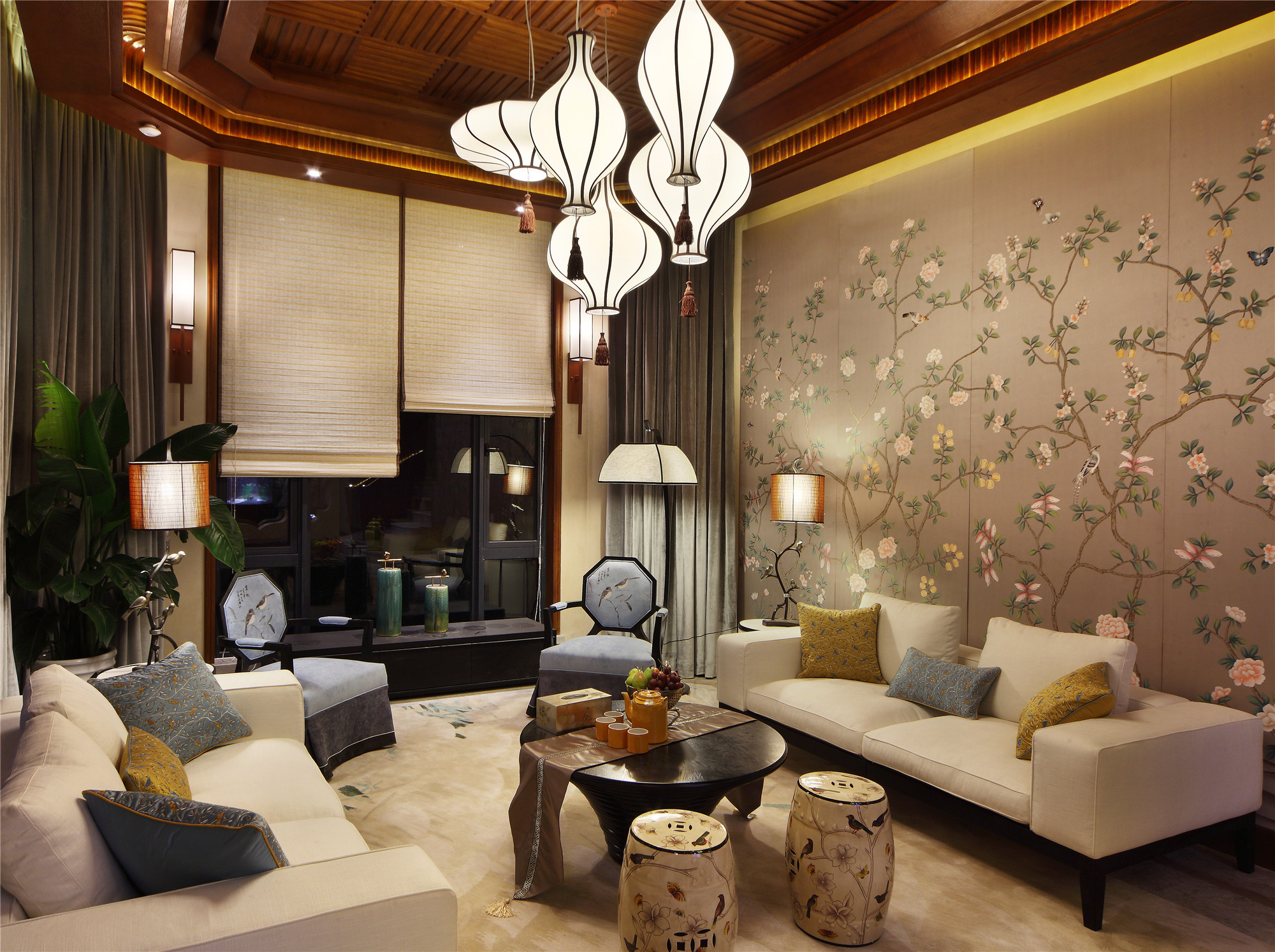 中式风格,大户型,140平米以上装修,20万以上装修,客厅,沙发背景墙,灯具,暖色调
