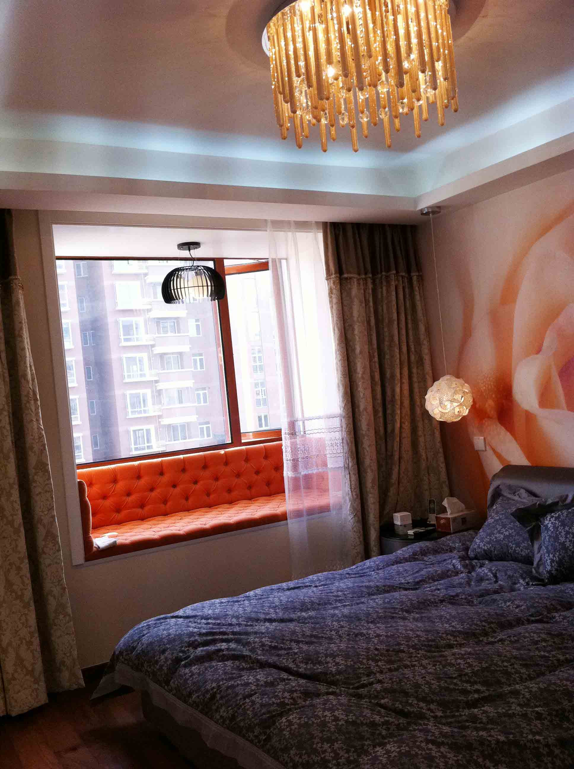 二居室装修,80平米装修,10-15万装修,卧室,现代简约风格,飘窗,灯具,橙色