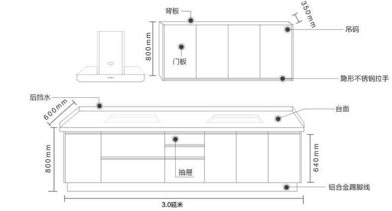 家装主材 厨房用品 橱柜 整体橱柜 爱家  台面材质: 石英石 橱柜尺寸