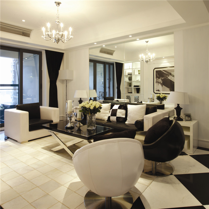 三居室装修,100平米装修,20万以上装修,客厅,现代简约风格,沙发背景墙,沙发,黑白