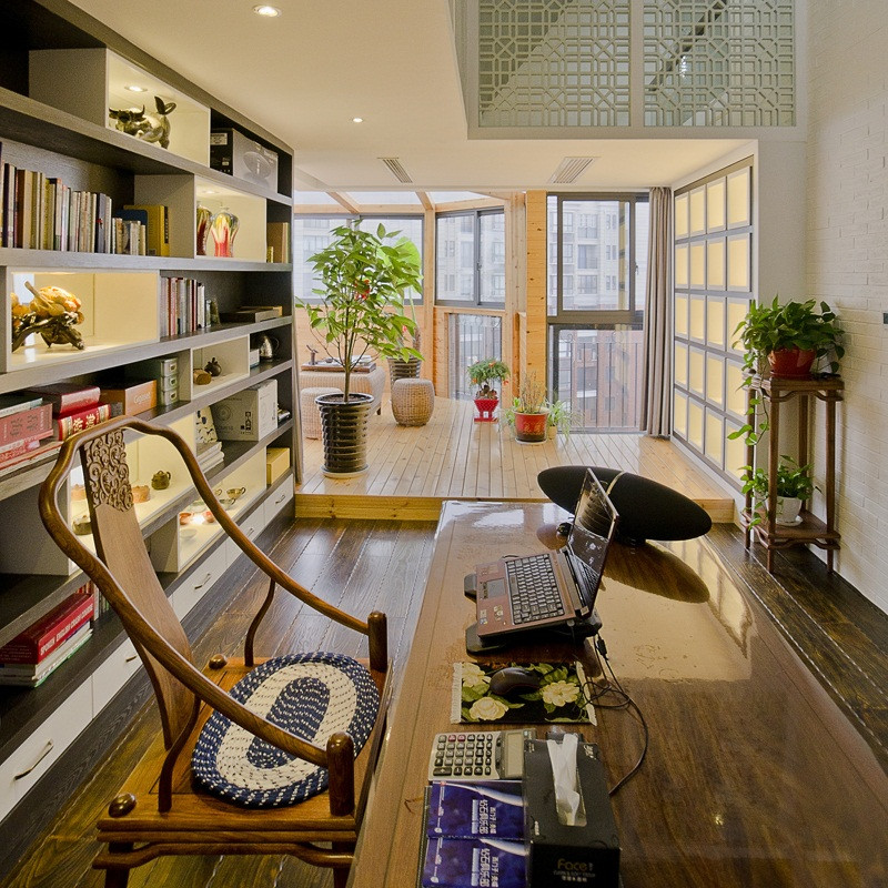 中式风格,140平米以上装修,20万以上装修,复式装修,阳光房,书桌,地板,地台,原木色