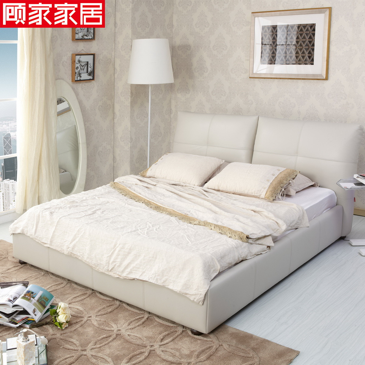 顾家家居m5508图片色木接触面真皮压花组装方形简约现代床
