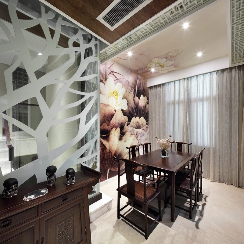 中式风格,20万以上装修,三居室装修,130平米装修,餐厅,餐桌,吊顶,餐厅背景墙