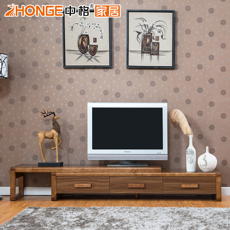中格家具 哑光喷漆框架结构橡胶木伸缩抽象图案成人现代中式 电视柜