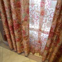 布帘+纱帘装饰+半遮光平帷荡度涤纶混纺人造纤维植物花卉草叶子条纹欧式 窗帘
