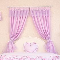 淡粉紫布帘+纱帘装饰+半遮光平帷植物花卉普通打褶飘窗落地窗平面窗田园 窗帘
