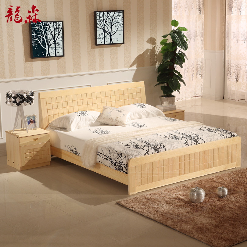 龙森 方格单体床方格箱体床松木支架结构现代中式 床