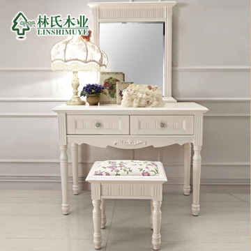 林氏木业 妆台方镜组合+仿古白组装喷漆框架结构桦木储藏成人韩式 梳妆台
