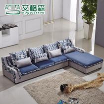 蓝色+灰色灰色田园L形印花木质工艺移动绒质海绵抽象图案简约现代 沙发