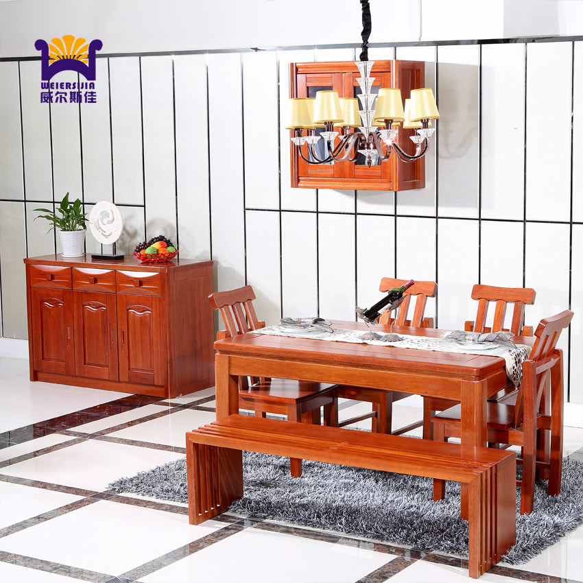 威尔斯佳 一桌六椅一桌四椅餐桌组装框架结构海棠木长方形现代中式 餐桌