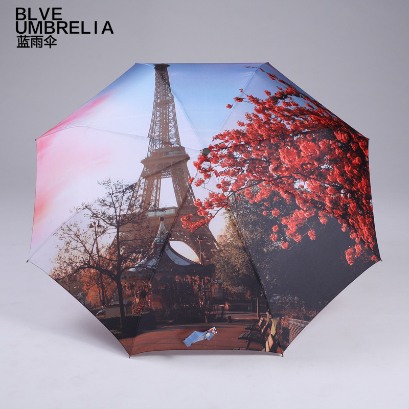 蓝雨伞 全自动碰击布雨伞三折伞成人 迷情玫瑰遮阳伞