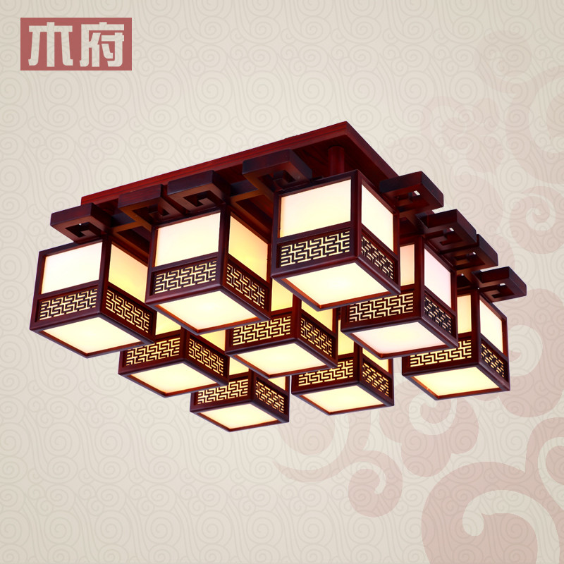 木府 有机玻璃木现代中式镂空雕花正方形节能灯LED 吸顶灯