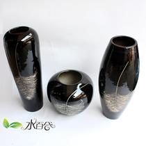 陶瓷台面陶艺三件套 乌金白羽毛花瓶花瓶现代中式 花瓶