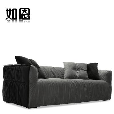 如恩 侧边黑色，坐垫灰色三人U形植绒木质工艺柳桉木移动绒质海绵艺术简约现代 沙发