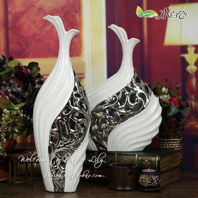 水百合 白色高矮组合陶瓷台面花瓶大号田园 花瓶