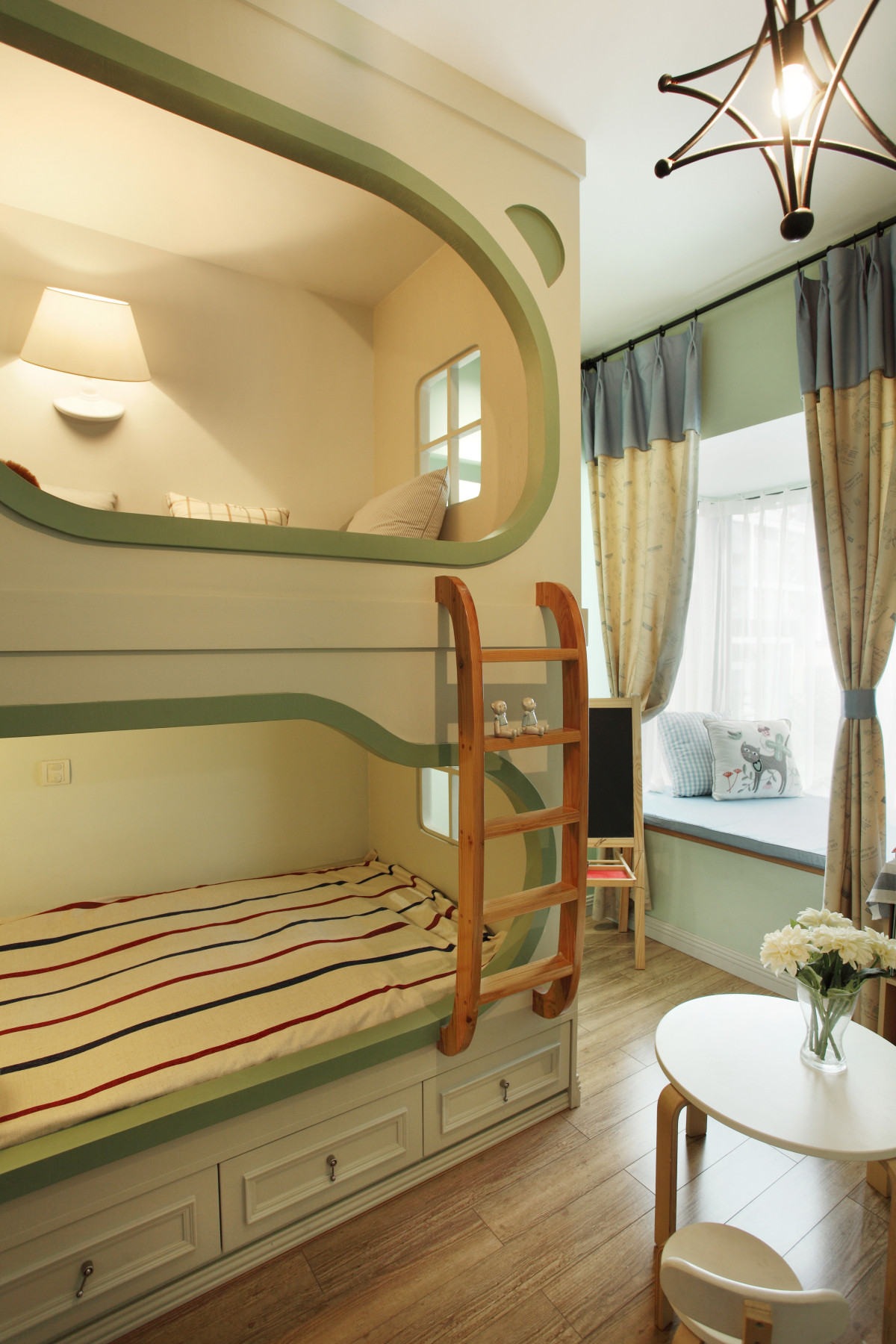 三居室装修,120平米装修,15-20万装修,混搭风格,儿童房,儿童床,绿色