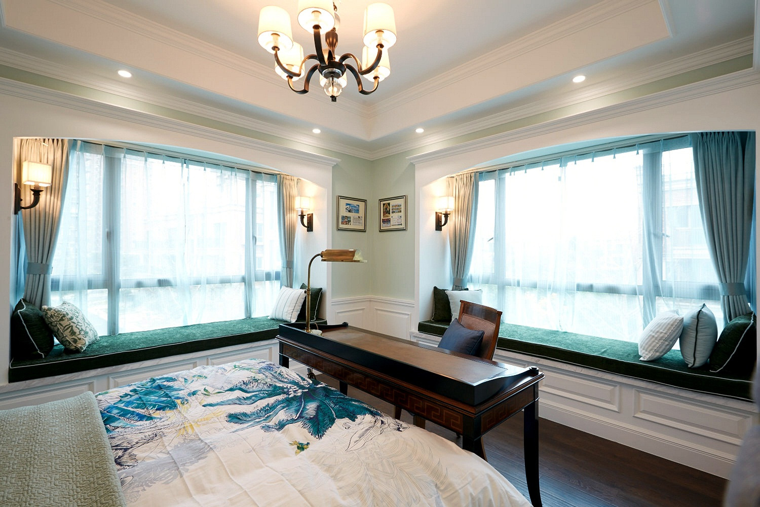 美式风格,20万以上装修,140平米以上装修,大户型,卧室,窗帘,飘窗,绿色