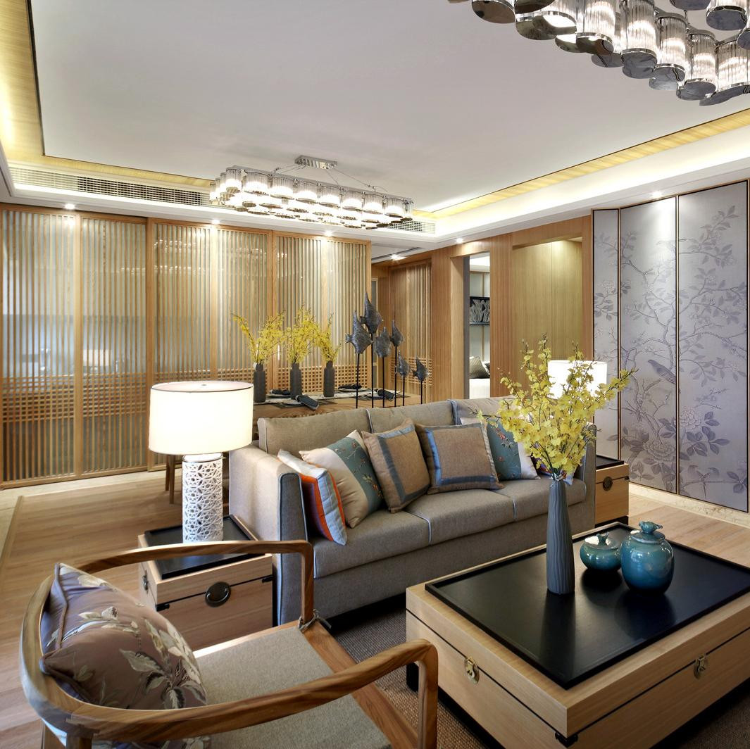 中式风格,140平米以上装修,20万以上装修,三居室装修,客厅,沙发,茶几,原木色