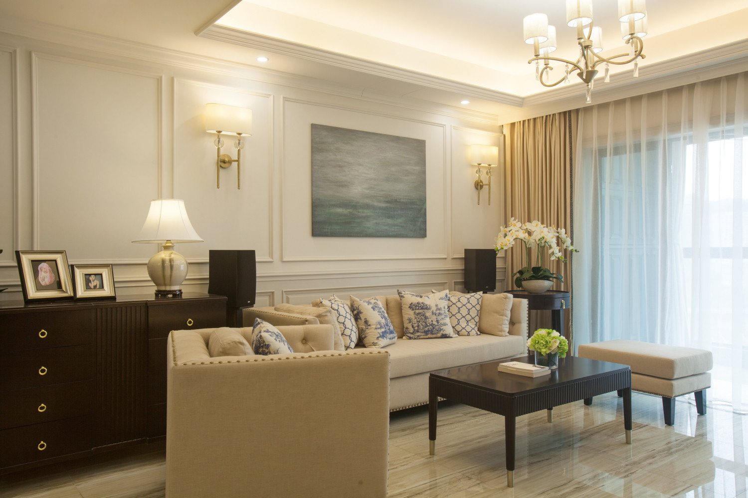 美式风格,三居室装修,100平米装修,20万以上装修,客厅,沙发背景墙,白色