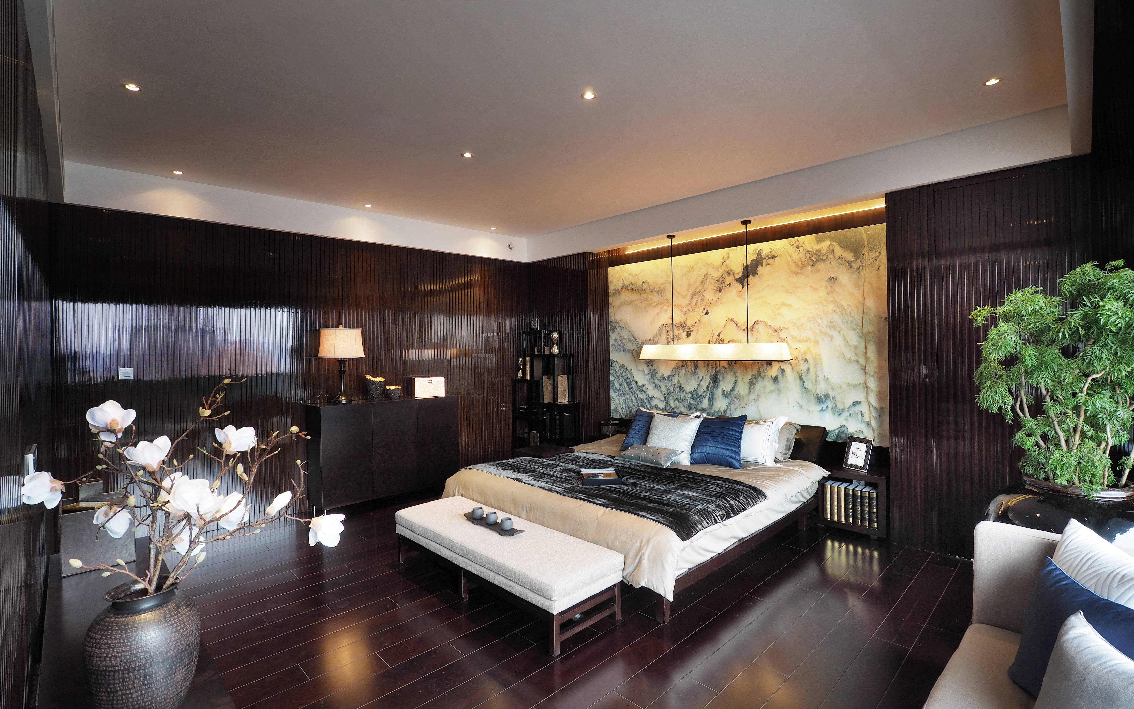 大户型,富裕型装修,140平米以上装修,卧室,中式风格,卧室背景墙,褐色