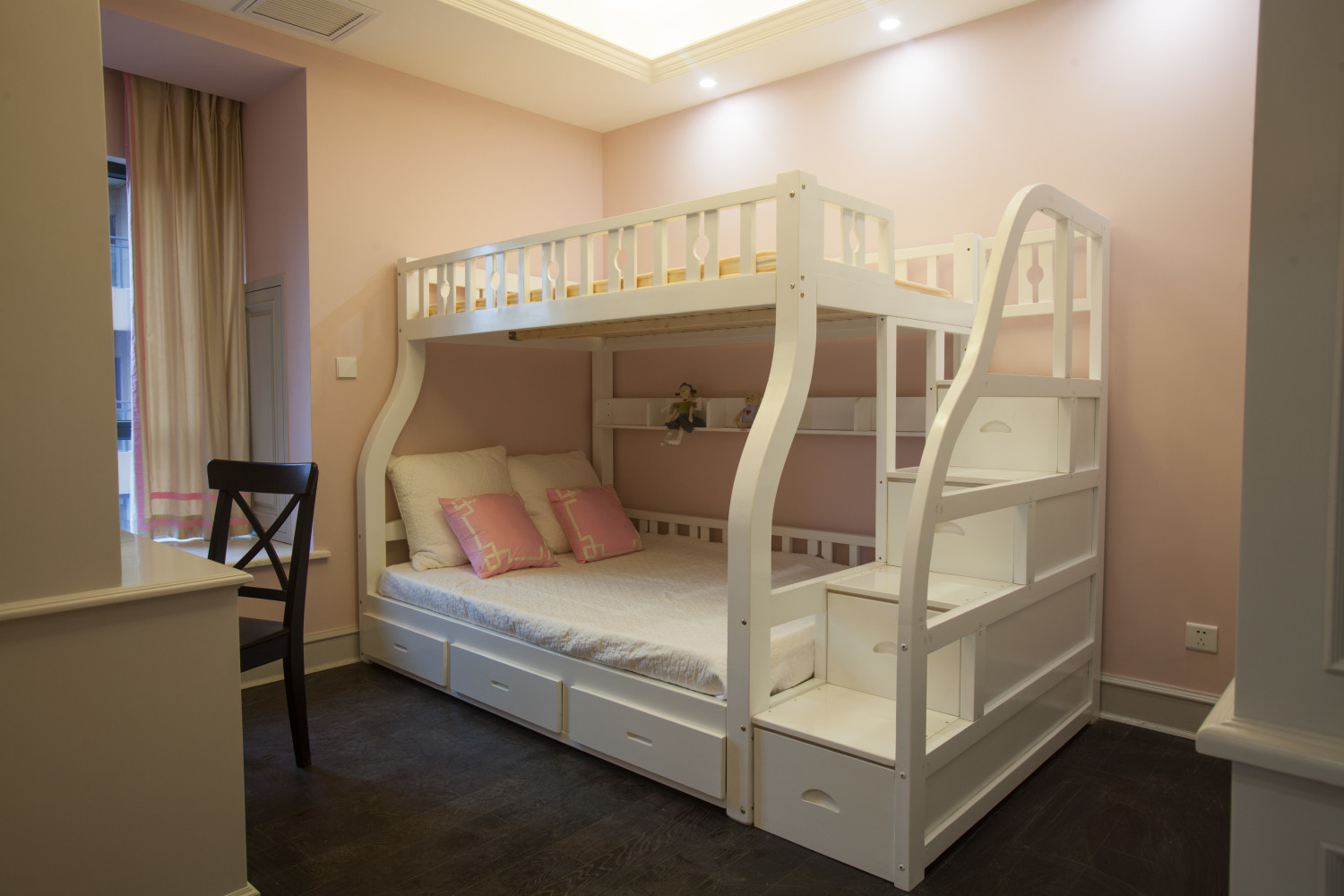 美式风格,三居室装修,100平米装修,20万以上装修,儿童房,儿童床,粉色