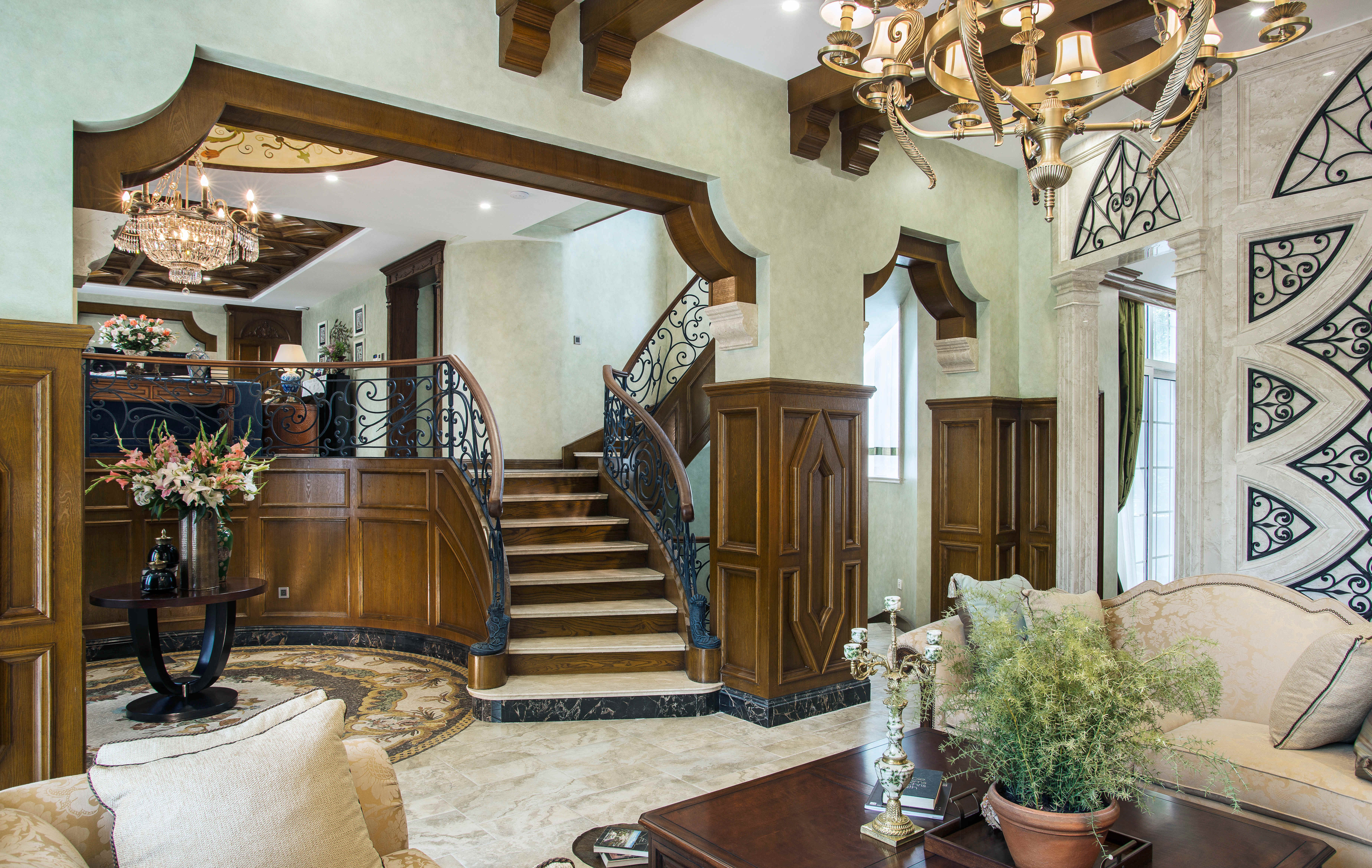别墅装修,美式风格,四房装修,140平米以上装修,大户型,客厅,楼梯