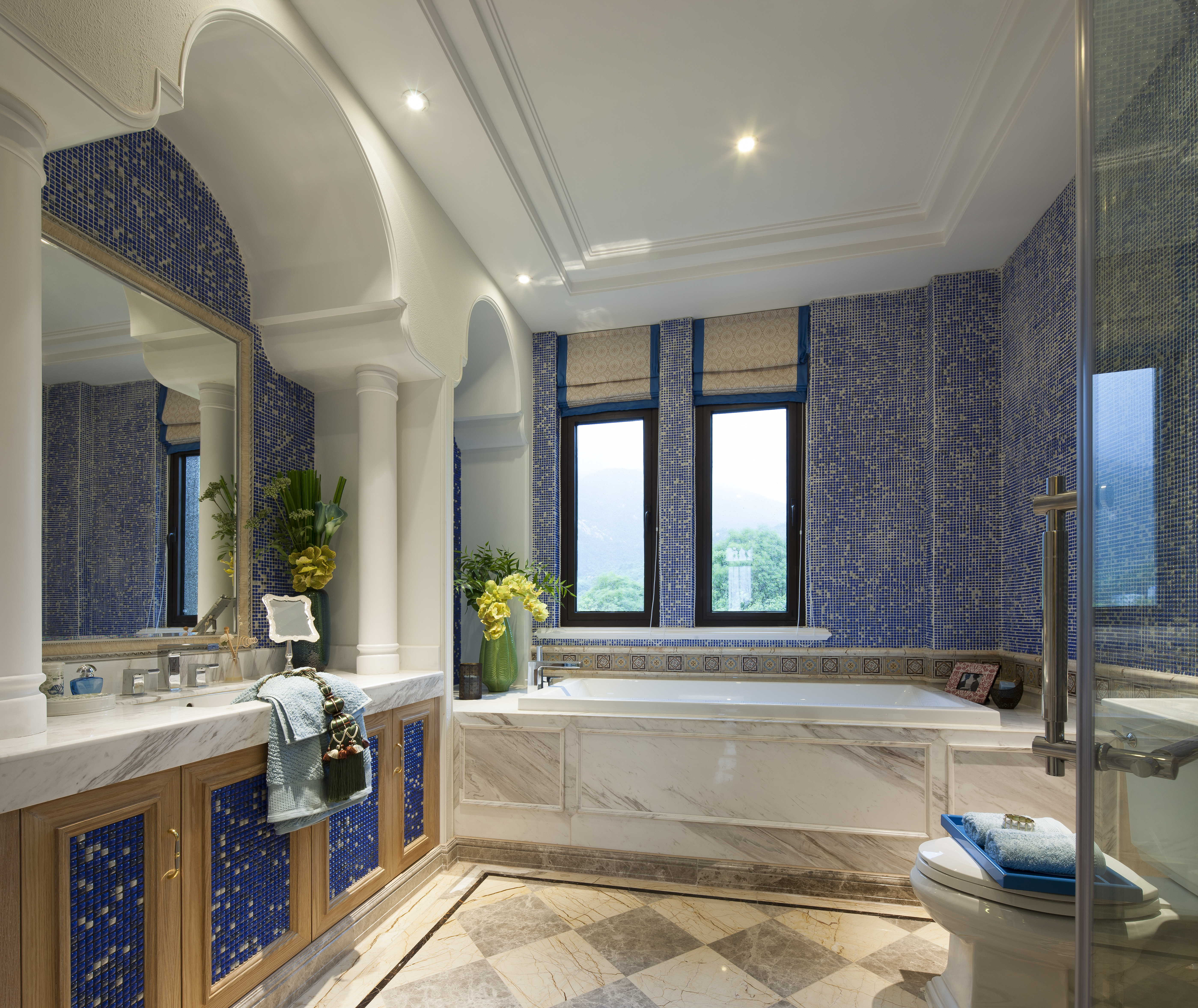 地中海风格,大户型,140平米以上装修,20万以上装修,卫生间,浴室柜,瓷砖,蓝色