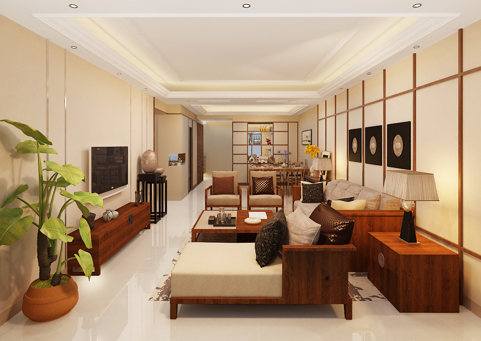 中式风格,15-20万装修,四房装修,140平米以上装修,客厅,电视背景墙,沙发背景墙,米色
