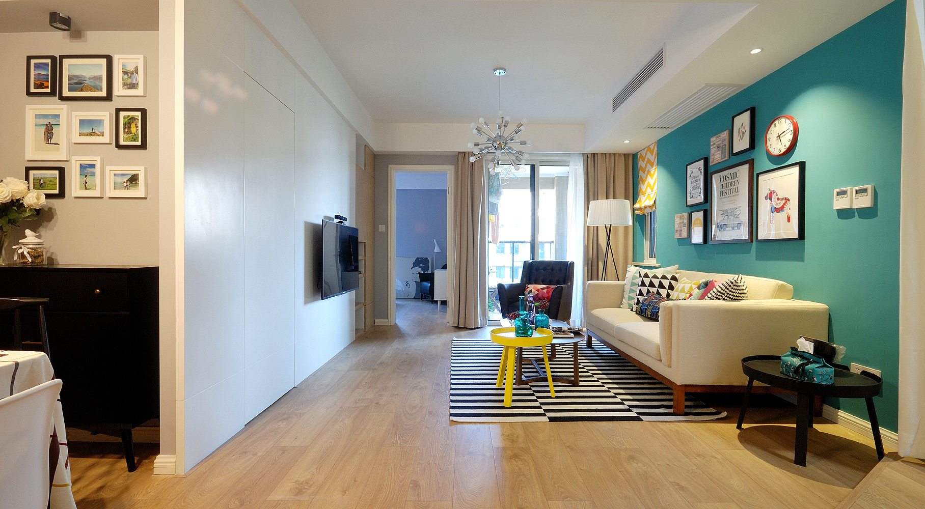 100平米装修,二居室装修,10-15万装修,客厅,沙发,北欧风格,沙发背景墙,蓝色