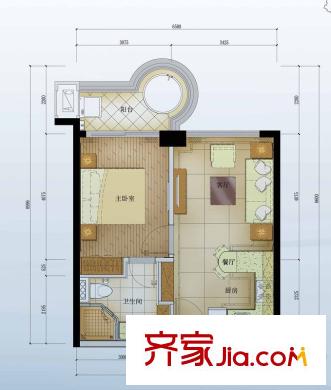 中信山语湖2A1-06户型 1室1厅1卫1厨