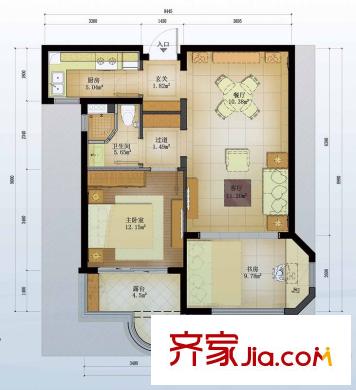 中信山语湖2B-02户型 1室1厅1卫1厨