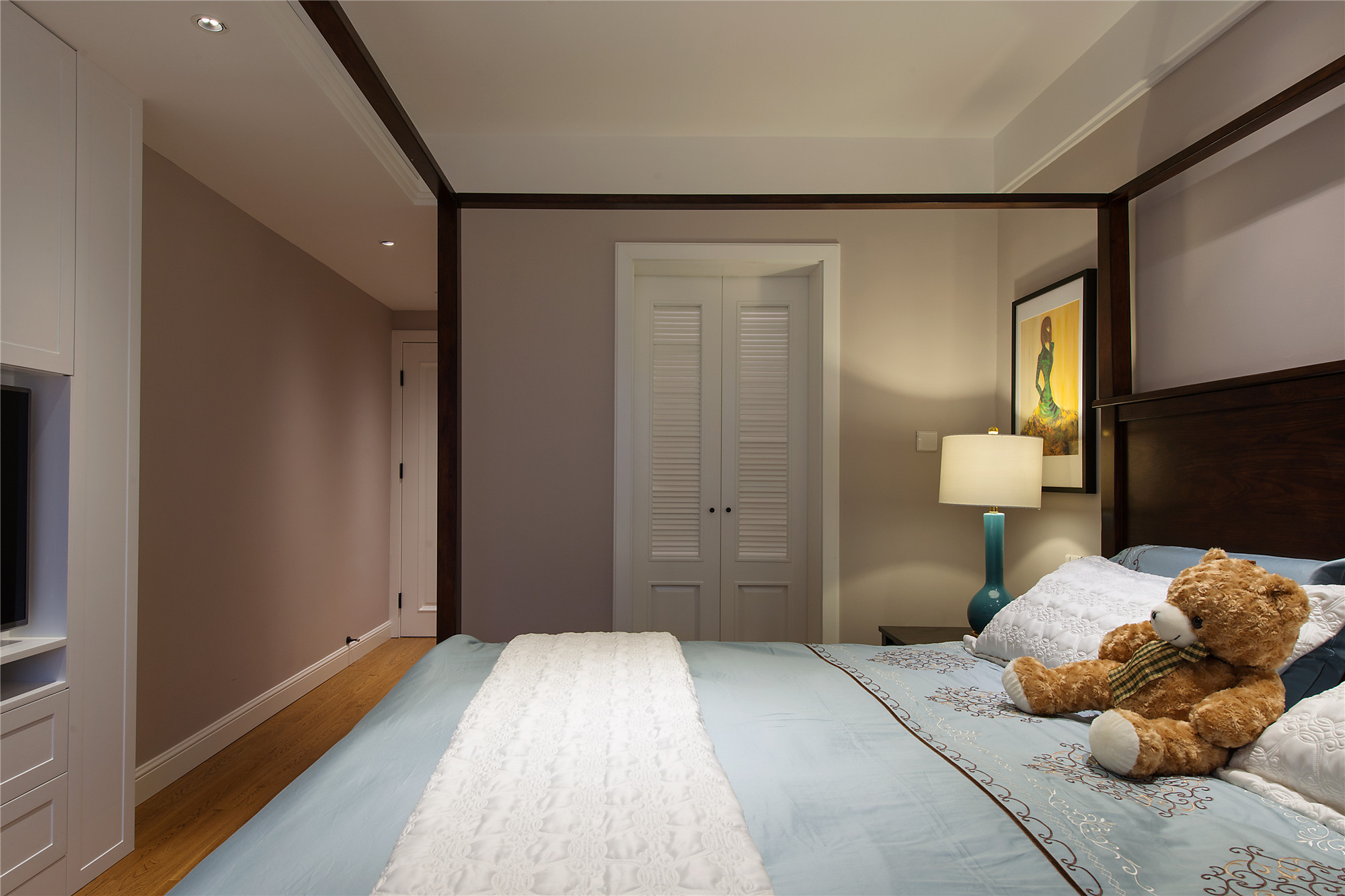 二居室装修,110平米装修,10-15万装修,卧室,美式风格,床上用品,蓝色