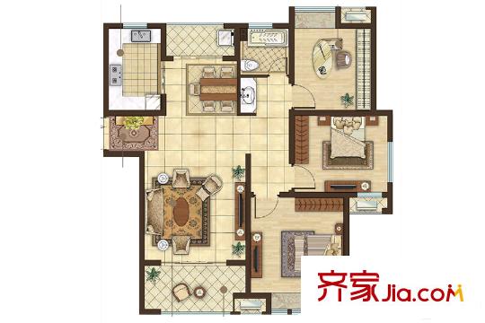唐镇壹号C户型 3室2厅1卫1厨