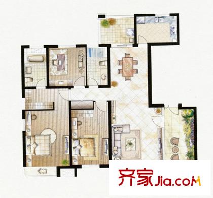 万源城朗郡户型图御园三房 3室2厅2卫1厨