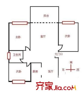 九歌茗园户型图户型图 3室2厅1卫1厨