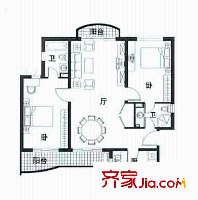 上海康城户型图H型01室户型图 2室2厅1卫1厨