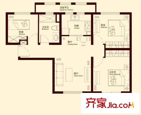 中海御景熙岸户型图E2户型 3室2厅2卫1厨