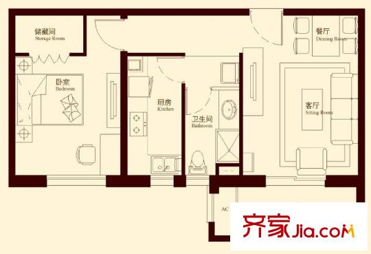 中海御景熙岸户型图D3户型 1室1厅1卫1厨