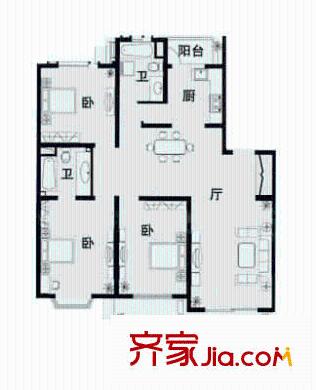 北美田园户型图3室2厅1卫1厨