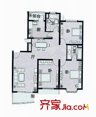 北美田园户型图3室2厅1卫1厨