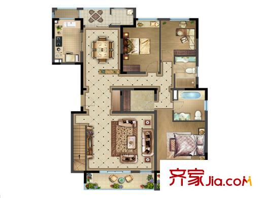 复地紫藤里户型图F(1)户型 3室2厅2卫1厨